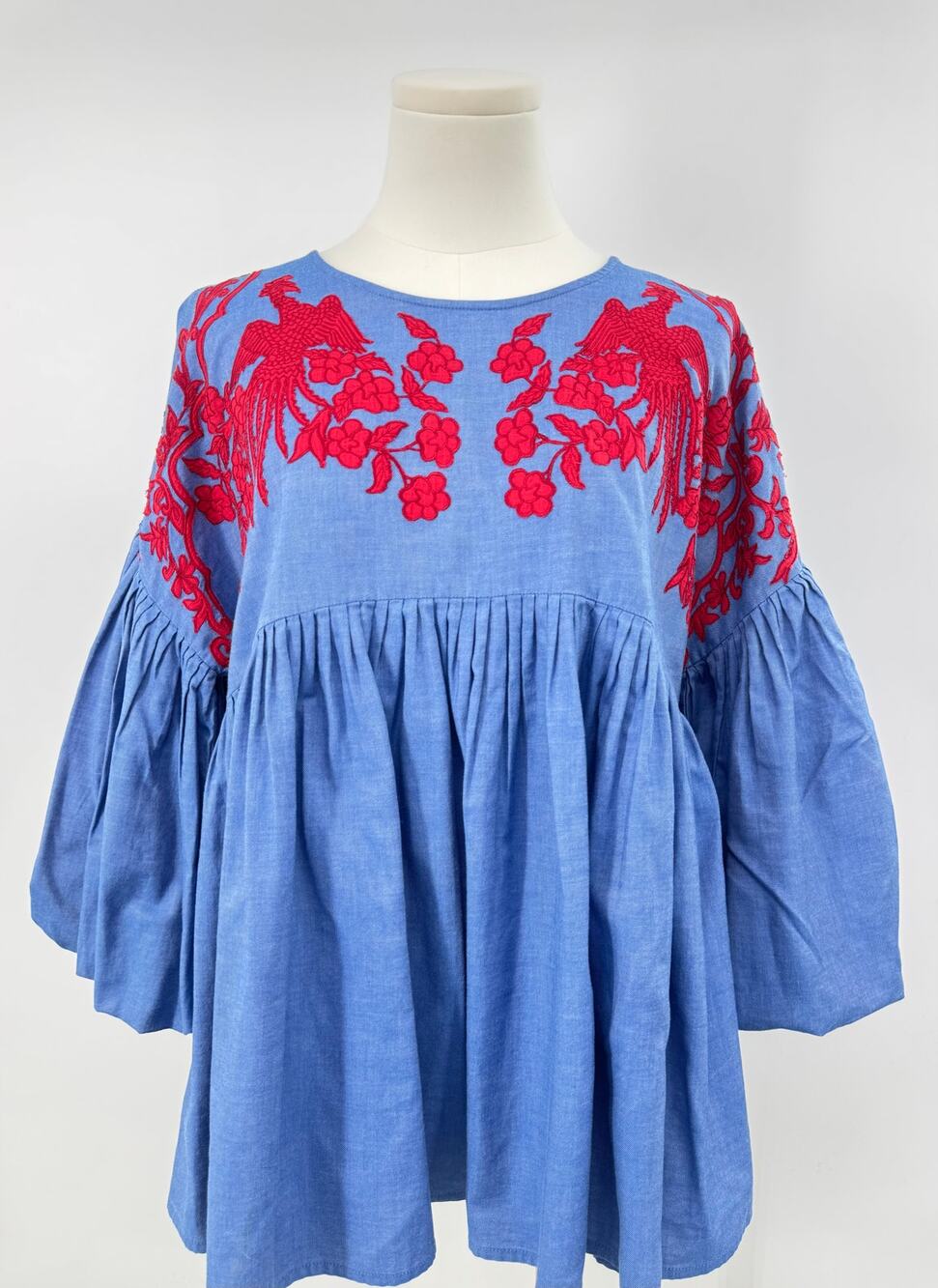 Hemandt & Nandita Lianna Embroidered Bird Red Blue Top Pleated Ruffle Blouse S